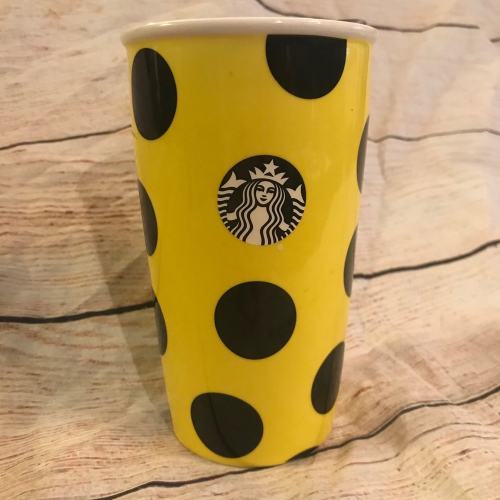 STARBUCKS Yellow Black Polka Dot Ceramic Tumbler